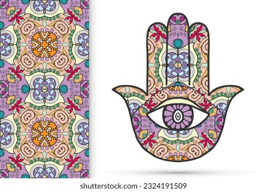 Boho hamsa hand, protection amulet, symbol of strength and happiness with seamless geometric pattern. Abstract graphic background, vertical floral doodle pattern, vector illustration