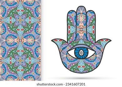 Boho hamsa hand, protection amulet, symbol of strength and happiness with seamless geometric pattern. Abstract graphic background, vertical floral doodle pattern, vector illustration