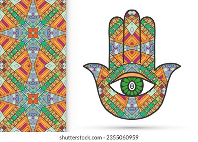 Boho hamsa hand, protection amulet, symbol of strength and happiness with seamless geometric pattern. Abstract graphic background, vertical floral doodle pattern, vector illustration