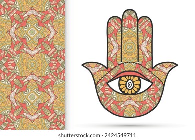 Boho hamsa hand, protection amulet, symbol of strength and happiness with seamless geometric pattern. Abstract graphic background, vertical floral doodle pattern, vector illustration