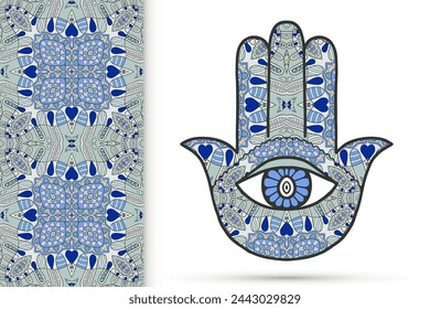 Boho hamsa hand, protection amulet, symbol of strength and happiness with seamless geometric pattern. Abstract graphic background, vertical floral doodle pattern, vector illustration