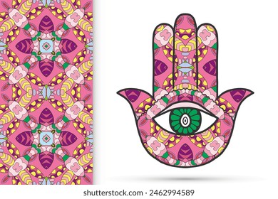 Boho hamsa hand, protection amulet, symbol of strength and happiness with seamless geometric pattern. Abstract graphic background, vertical floral doodle pattern, vector illustration