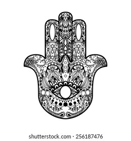 Boho hamsa hand, protection amulet, strength and happiness symbol.  Hand drawn vector illustration.