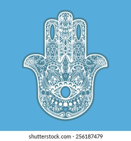 Boho hamsa hand, protection amulet, strength and happiness symbol.  Hand drawn vector illustration on blue background.