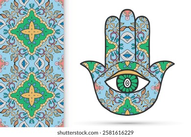 Boho hamsa hand, protection amulet, symbol of strength and happiness with seamless geometric pattern. Abstract graphic background, vertical floral doodle pattern, vector illustration