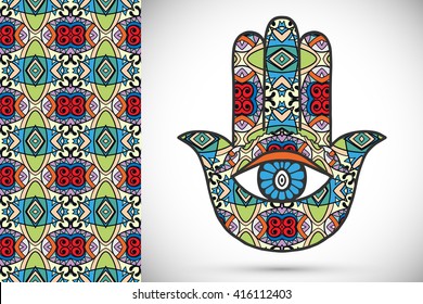 Boho hamsa hand, protection amulet, symbol of strength and happiness with seamless geometric pattern. Abstract graphic background, vertical floral doodle pattern, vector illustration