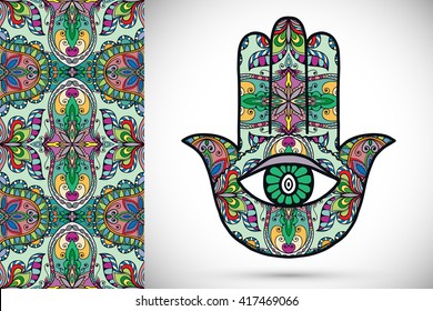 Boho hamsa hand, protection amulet, symbol of strength and happiness with seamless geometric pattern. Abstract graphic background, vertical floral doodle pattern, vector illustration