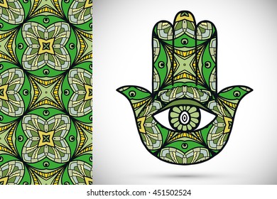 Boho hamsa hand, protection amulet, symbol of strength and happiness with seamless geometric pattern. Abstract graphic background, vertical floral doodle pattern, vector illustration