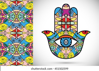 Boho hamsa hand, protection amulet, symbol of strength and happiness with seamless geometric pattern. Abstract graphic background, vertical floral doodle pattern, vector illustration