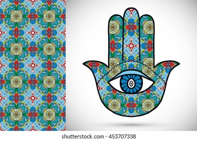 Boho hamsa hand, protection amulet, symbol of strength and happiness with seamless geometric pattern. Abstract graphic background, vertical floral doodle pattern, vector illustration
