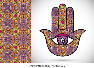 Boho hamsa hand, protection amulet, symbol of strength and happiness with seamless geometric pattern. Abstract graphic background, vertical floral doodle pattern, vector illustration