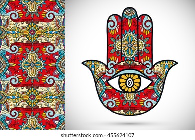 Boho hamsa hand, protection amulet, symbol of strength and happiness with seamless geometric pattern. Abstract graphic background, vertical floral doodle pattern, vector illustration