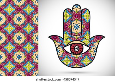 Boho hamsa hand, protection amulet, symbol of strength and happiness with seamless geometric pattern. Abstract graphic background, vertical floral doodle pattern, vector illustration
