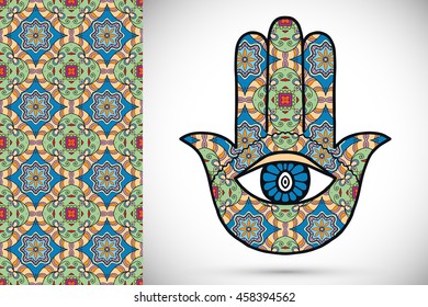 Boho hamsa hand, protection amulet, symbol of strength and happiness with seamless geometric pattern. Abstract graphic background, vertical floral doodle pattern, vector illustration