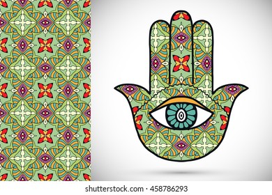 Boho hamsa hand, protection amulet, symbol of strength and happiness with seamless geometric pattern. Abstract graphic background, vertical floral doodle pattern, vector illustration