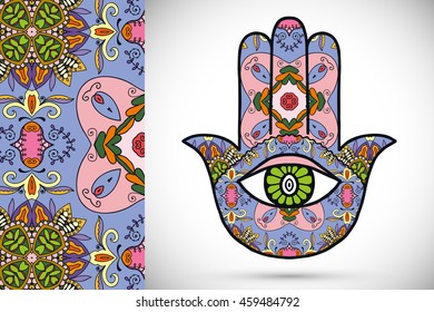 Boho hamsa hand, protection amulet, symbol of strength and happiness with seamless geometric pattern. Abstract graphic background, vertical floral doodle pattern, vector illustration