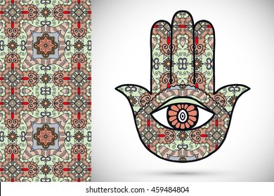 Boho hamsa hand, protection amulet, symbol of strength and happiness with seamless geometric pattern. Abstract graphic background, vertical floral doodle pattern, vector illustration