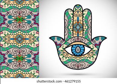 Boho hamsa hand, protection amulet, symbol of strength and happiness with seamless geometric pattern. Abstract graphic background, vertical floral doodle pattern, vector illustration