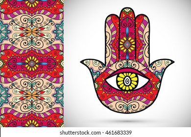 Boho hamsa hand, protection amulet, symbol of strength and happiness with seamless geometric pattern. Abstract graphic background, vertical floral doodle pattern, vector illustration