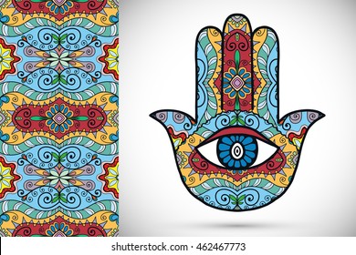 Boho hamsa hand, protection amulet, symbol of strength and happiness with seamless geometric pattern. Abstract graphic background, vertical floral doodle pattern, vector illustration