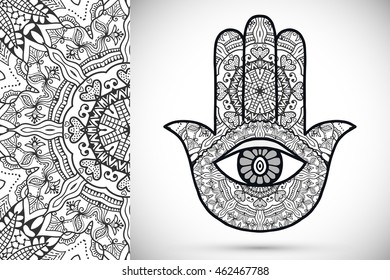 Boho hamsa hand, protection amulet, symbol of strength and happiness with seamless geometric pattern. Abstract graphic background, floral doodle pattern, black and white vector illustration