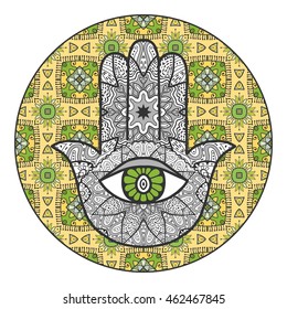 Boho hamsa hand, protection amulet, symbol of strength and happiness with mandala round geometric pattern. Abstract graphic sketch background, floral doodle pattern, vector illustration