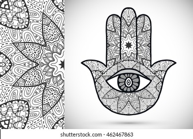 Boho hamsa hand, protection amulet, symbol of strength and happiness with seamless geometric pattern. Abstract graphic background, floral doodle pattern, black and white vector illustration