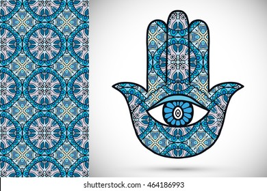 Boho hamsa hand, protection amulet, symbol of strength and happiness with seamless geometric pattern. Abstract graphic background, vertical floral doodle pattern, vector illustration