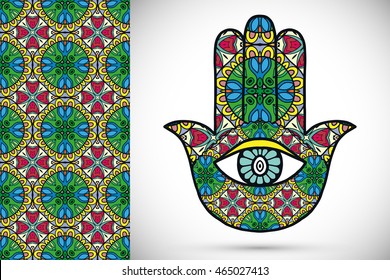 Boho hamsa hand, protection amulet, symbol of strength and happiness with seamless geometric pattern. Abstract graphic background, vertical floral doodle pattern, vector illustration