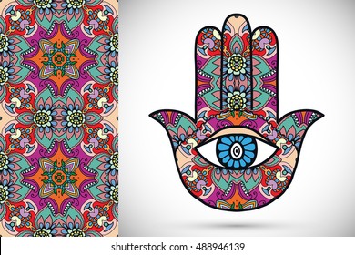 Boho hamsa hand, protection amulet, symbol of strength and happiness with seamless geometric pattern. Abstract graphic background, vertical floral doodle pattern, vector illustration