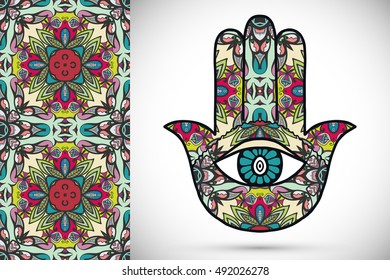 Boho hamsa hand, protection amulet, symbol of strength and happiness with seamless geometric pattern. Abstract graphic background, vertical floral doodle pattern, vector illustration