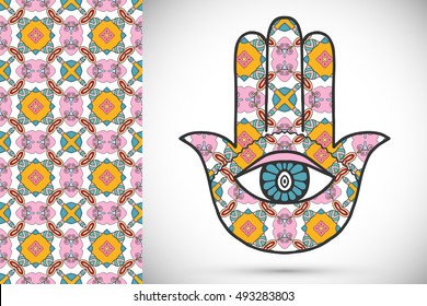 Boho hamsa hand, protection amulet, symbol of strength and happiness with seamless geometric pattern. Abstract graphic background, vertical floral doodle pattern, vector illustration