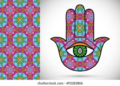 Boho hamsa hand, protection amulet, symbol of strength and happiness with seamless geometric pattern. Abstract graphic background, vertical floral doodle pattern, vector illustration