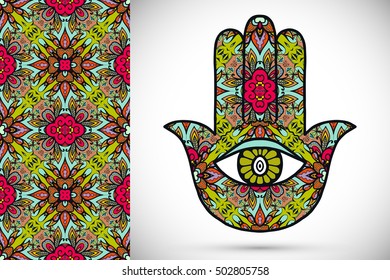 Boho hamsa hand, protection amulet, symbol of strength and happiness with seamless geometric pattern. Abstract graphic background, vertical floral doodle pattern, vector illustration