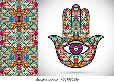 Boho hamsa hand, protection amulet, symbol of strength and happiness with seamless geometric pattern. Abstract graphic background, vertical floral doodle pattern, vector illustration