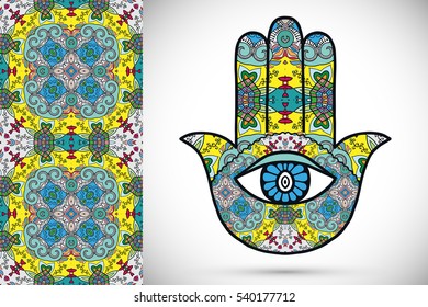 Boho hamsa hand, protection amulet, symbol of strength and happiness with seamless geometric pattern. Abstract graphic background, vertical floral doodle pattern, vector illustration