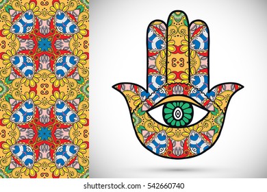 Boho hamsa hand, protection amulet, symbol of strength and happiness with seamless geometric pattern. Abstract graphic background, vertical floral doodle pattern, vector illustration