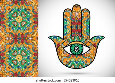 Boho hamsa hand, protection amulet, symbol of strength and happiness with seamless geometric pattern. Abstract graphic background, vertical floral doodle pattern, vector illustration