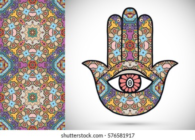 Boho hamsa hand, protection amulet, symbol of strength and happiness with seamless geometric pattern. Abstract graphic background, vertical floral doodle pattern, vector illustration