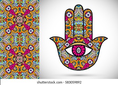 Boho hamsa hand, protection amulet, symbol of strength and happiness with seamless geometric pattern. Abstract graphic background, vertical floral doodle pattern, vector illustration