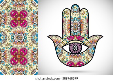 Boho hamsa hand, protection amulet, symbol of strength and happiness with seamless geometric pattern. Abstract graphic background, vertical floral doodle pattern, vector illustration