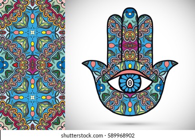 Boho hamsa hand, protection amulet, symbol of strength and happiness with seamless geometric pattern. Abstract graphic background, vertical floral doodle pattern, vector illustration