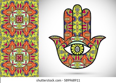 Boho hamsa hand, protection amulet, symbol of strength and happiness with seamless geometric pattern. Abstract graphic background, vertical floral doodle pattern, vector illustration