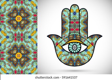 Boho hamsa hand, protection amulet, symbol of strength and happiness with seamless geometric pattern. Abstract graphic background, vertical floral doodle pattern, vector illustration