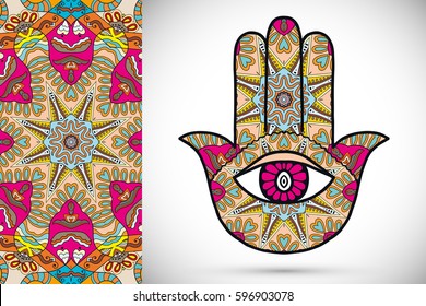 Boho hamsa hand, protection amulet, symbol of strength and happiness with seamless geometric pattern. Abstract graphic background, vertical floral doodle pattern, vector illustration