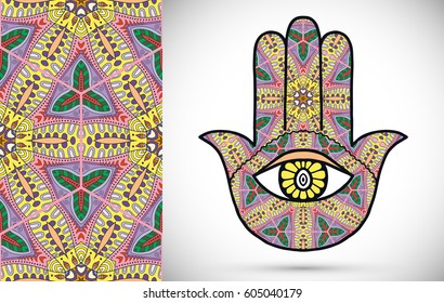 Boho hamsa hand, protection amulet, symbol of strength and happiness with seamless geometric pattern. Abstract graphic background, vertical floral doodle pattern, vector illustration
