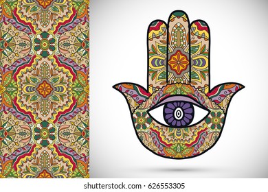 Boho hamsa hand, protection amulet, symbol of strength and happiness with seamless geometric pattern. Abstract graphic background, vertical floral doodle pattern, vector illustration