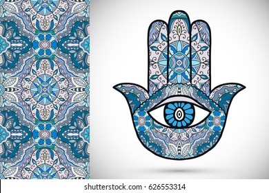 Boho hamsa hand, protection amulet, symbol of strength and happiness with seamless geometric pattern. Abstract graphic background, vertical floral doodle pattern, vector illustration