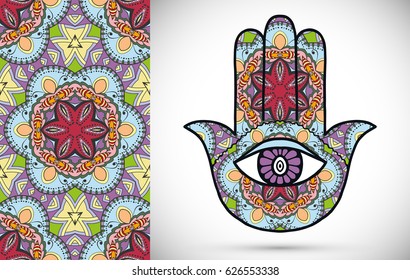 Boho hamsa hand, protection amulet, symbol of strength and happiness with seamless geometric pattern. Abstract graphic background, vertical floral doodle pattern, vector illustration