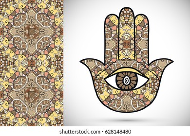 Boho hamsa hand, protection amulet, symbol of strength and happiness with seamless geometric pattern. Abstract graphic background, vertical floral doodle pattern, vector illustration